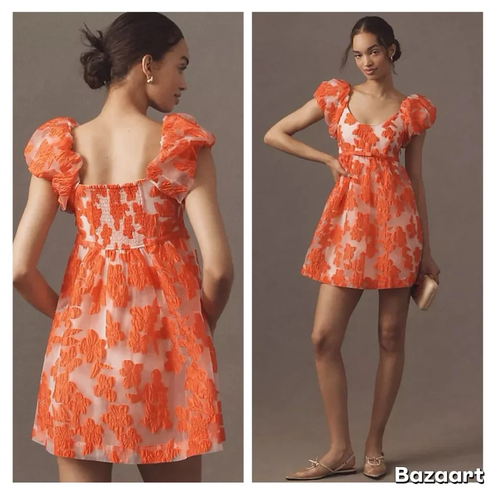 NWT By Anthropologie Puff-Sleeve Scoop-Neck Babydoll Mini Dress Sz L - Picture 13 of 14